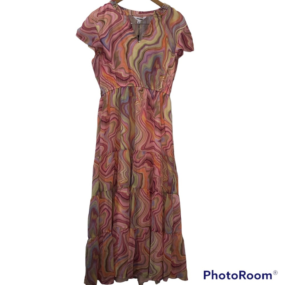 NEW STEVE MADDEN retro colorful marble tiered dress festival Small psychedelic